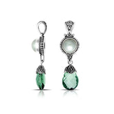 Handmade sterling silver pendant with Mabe pearl and green quartz drop, crafted in Bali.